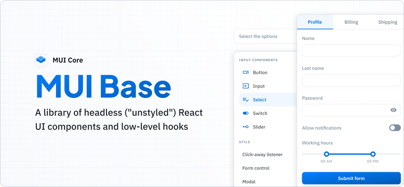 Demo components built with MUI Base, a newly introduced library of unstyled components and hooks